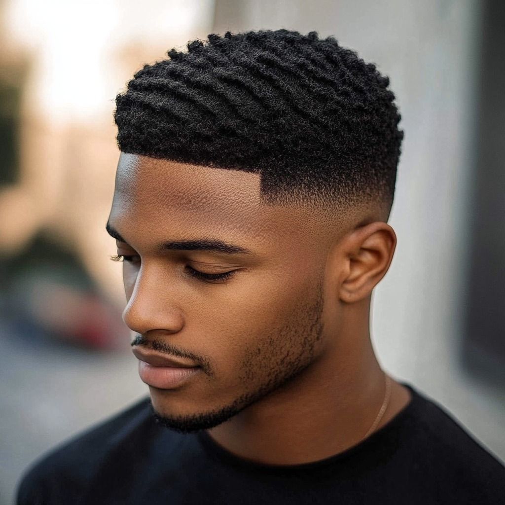 Afro style heren kapsel met verzorgde baard en strakke fade overloop