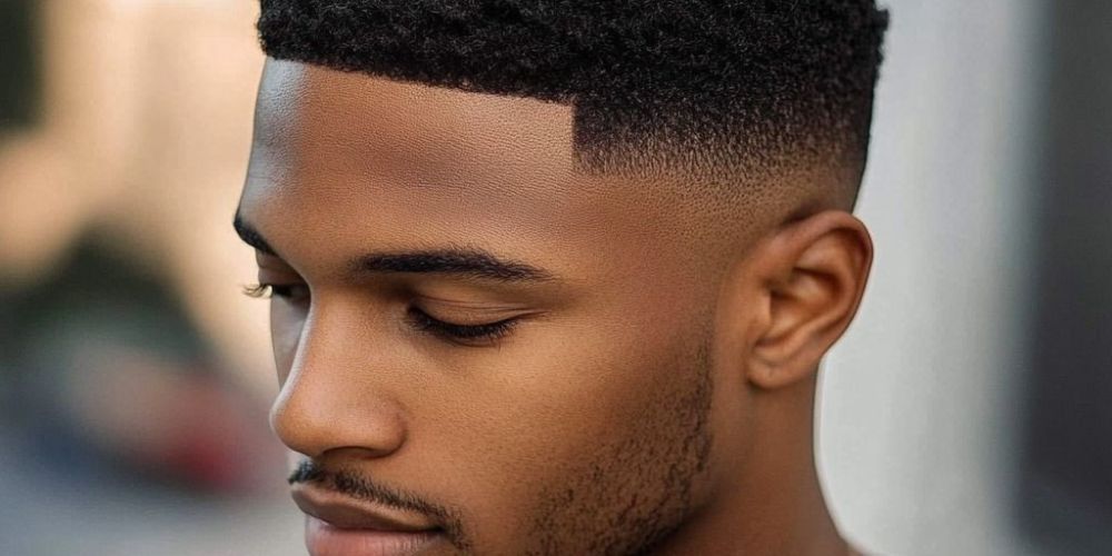 Afro style heren kapsel met verzorgde baard en strakke fade overloop